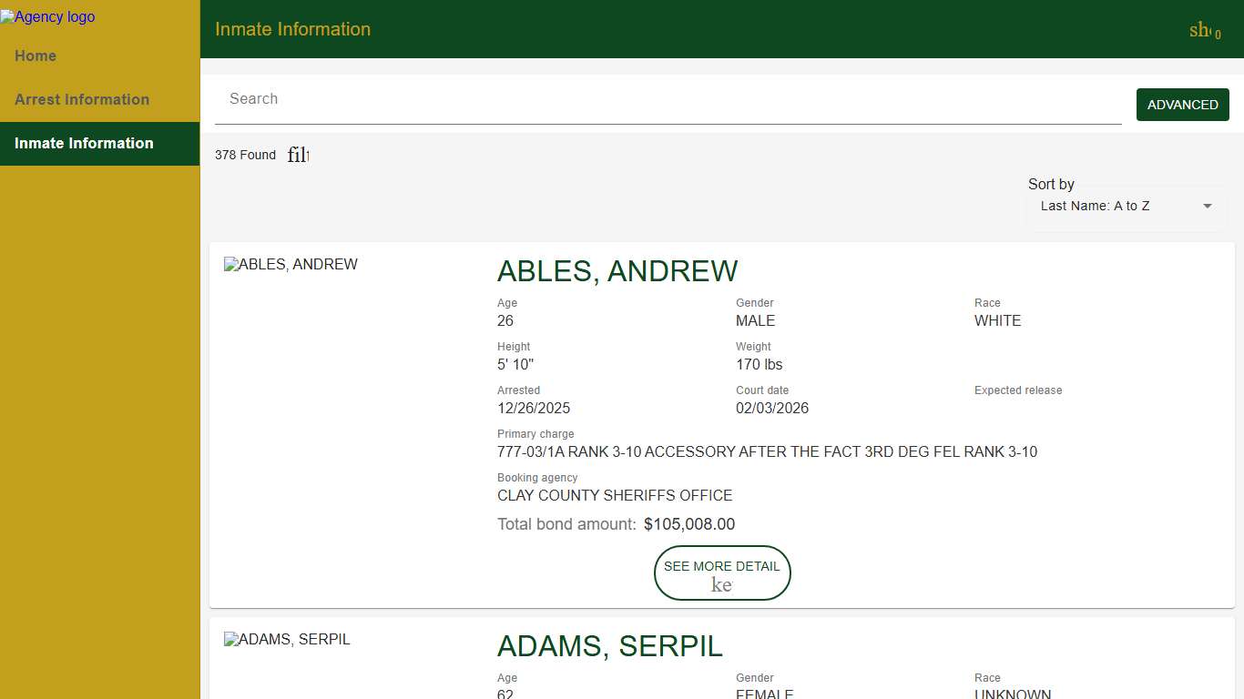 Clay County Sheriff's Office | Police to Citizen - Inmates catalog